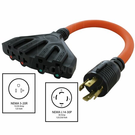 Ac Works 1.5ft L14-30P 4-Prong 30A Plug to 4 NEMA 5-15/20R 20A Adapter Cord L1430F520-018